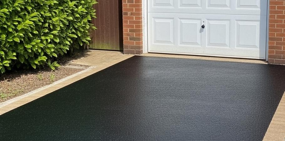 Freshly painted black driveway with clean beige border, leading to a closed white garage door. Surrounding greenery and clear blue sky add to the refreshed look.