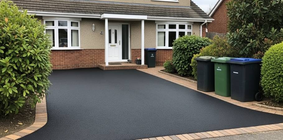 Newly resurfaced and jet-black driveway in front of the same home, showcasing a clean and professional finish.