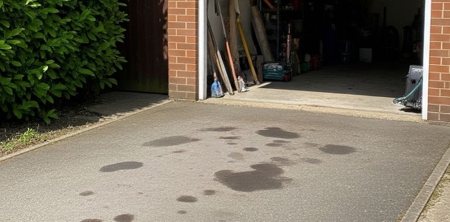 Old and worn concrete driveway with oil stains in front of an open garage, showing tools and equipment inside. Surrounded by tall hedges and trees.