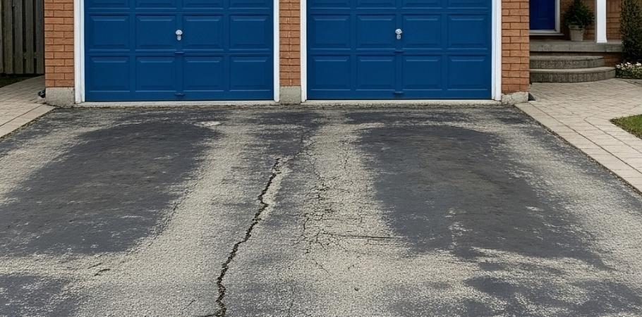 Cracked and weathered driveway in front of a two-car garage with blue doors on a red-brick house